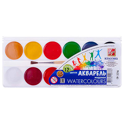 Акварель медовая КЛАССИКА, 12 цв., пл.коробка, с/к 19С1287-08 1/48