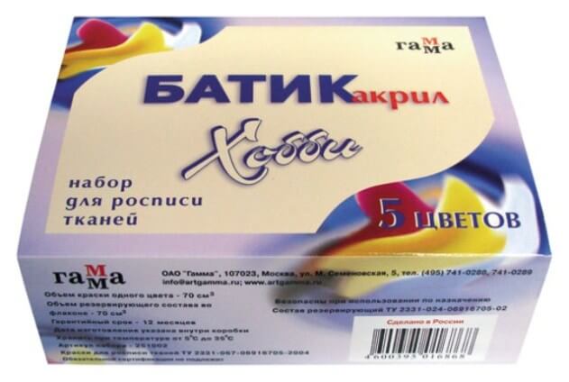 Краска акриловая набор 5цв., БАТИК-АКРИЛ, во флаконах, 75мл, с резервирующим составом и стекл.трубочкой, картонная коробка арт.251002