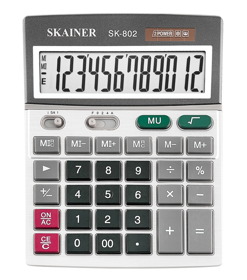 Калькулятор 12 разрядов 2 питание, 2 память, серый, 140 x 176 x 45 мм SK-802ML SKAINER