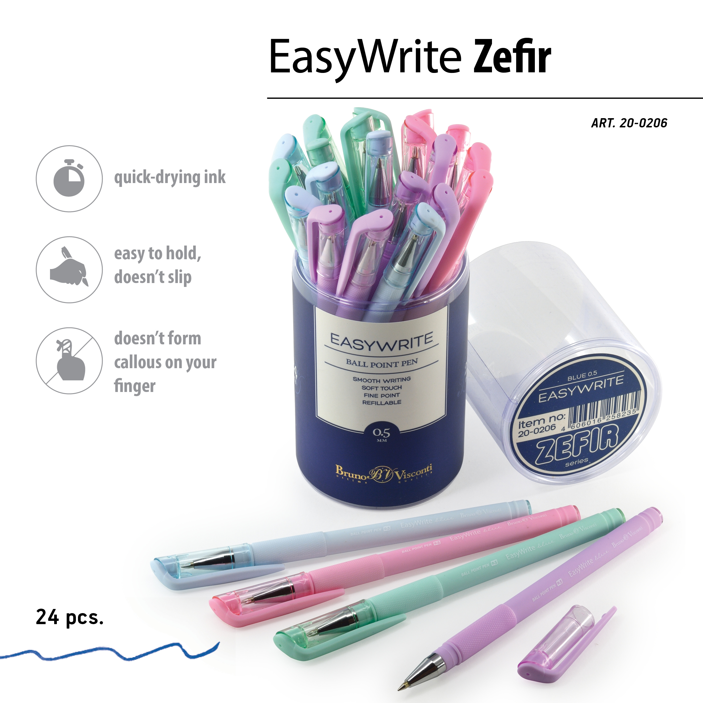 РУЧКА ZEFIR ШАРИКОВАЯ 0.5 ММ, СИНЯЯ (5 цв) 20-0206 1/24