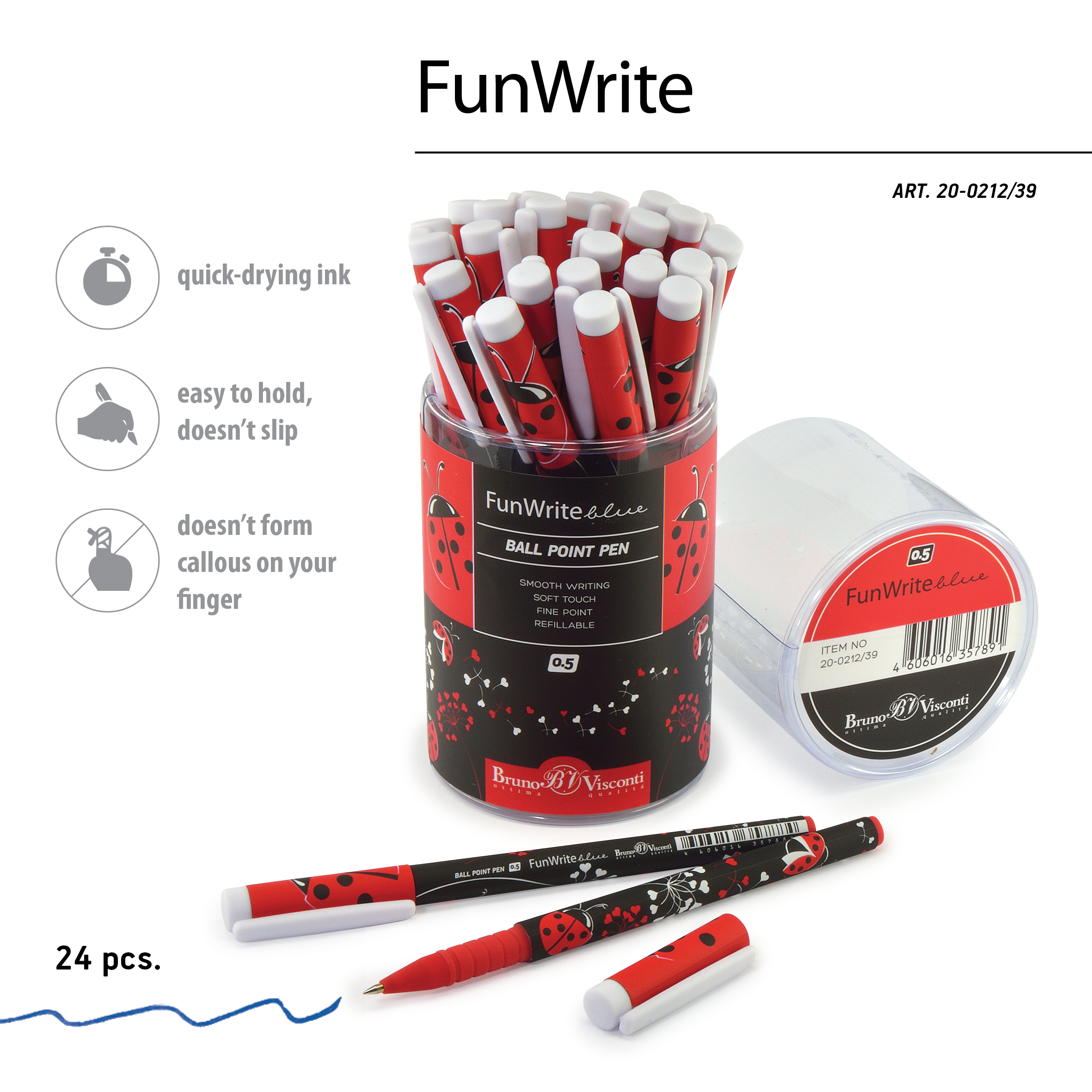 РУЧКА "FunWrite. Божьи коровки на черном" ШАРИКОВАЯ 0.5 ММ, СИНЯЯ 20-0212/39 1/24