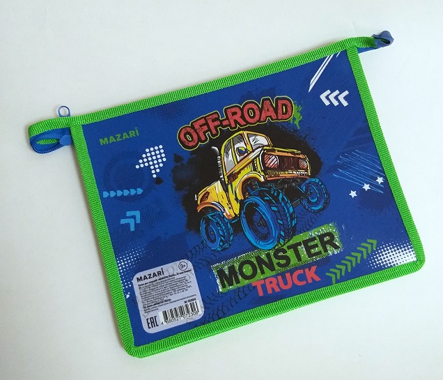 Папка А5 "MONSTER TRUCK" на молнии сверху пластик. М-16084
