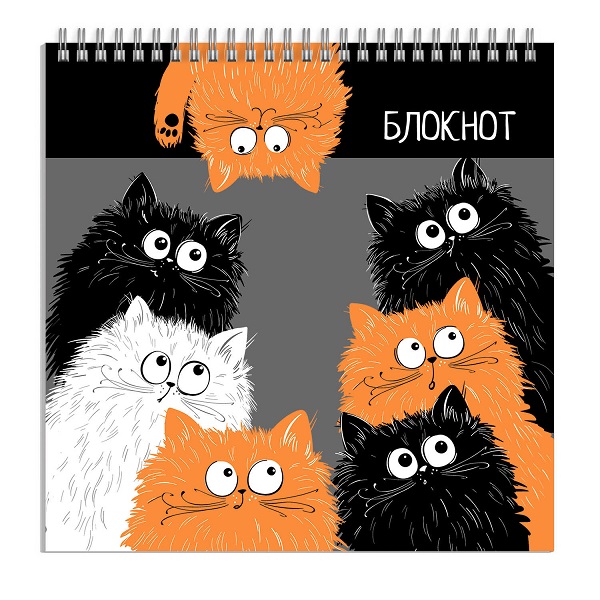Блокнот 140*140мм 60л гребень "УДИВЛЁННЫЕ КОТЫ" лак, 57444