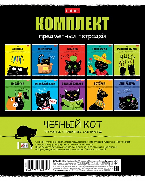 Комплект предметных тетрадей А5 "Черный кот" 48л. 10 предм. С интерактивн.справочн.инф. 48Т5Вd 1/10