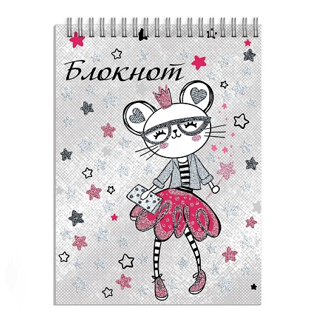 Блокнот А7 40л гребень "МЫШКА-МОДНИЦА" клетка 57789