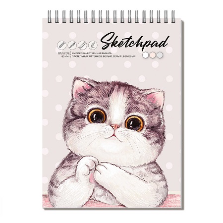 Скетчпад А5 40л, евроспираль 7БЦ "МИЛАЯ КОШКА" белый,серый,беж.офсет 62769