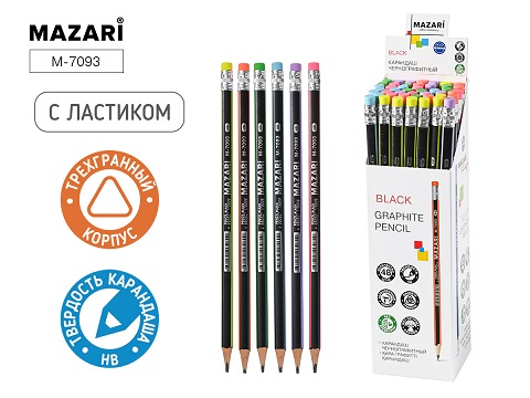 Карандаш ч/гр ТМ BLACK пластиков. трехгран.к. с ластиком М-7093 1/12