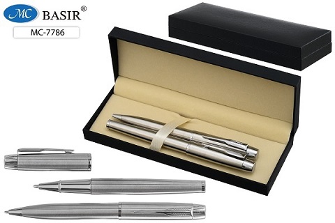 Ручка подарочн. в футляре шар. набор 2шт.( с поворотным механизмом и ручка с колпачком), объёмный серебристый корпус цвет чернил-синий МС-7786