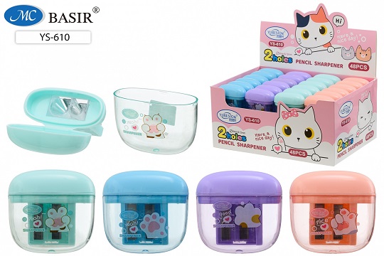 Точилка двойная с контейнером, пластиковая /4 цвета/, размер 5,5*5 см. YS-610 1/48