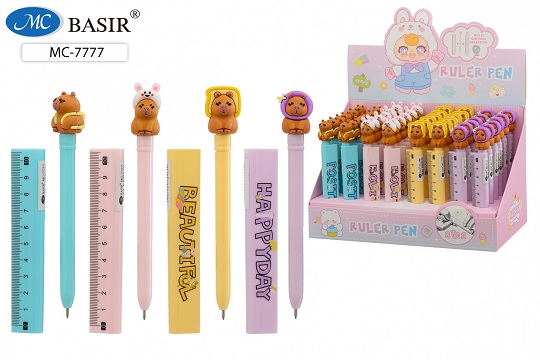 Ручка дет. "КАПИБАРА"; цветной корпус, объёмный колпачок в виде линейки -10 см /ассорти/ синяя 0,5мм МС-7777 1/48