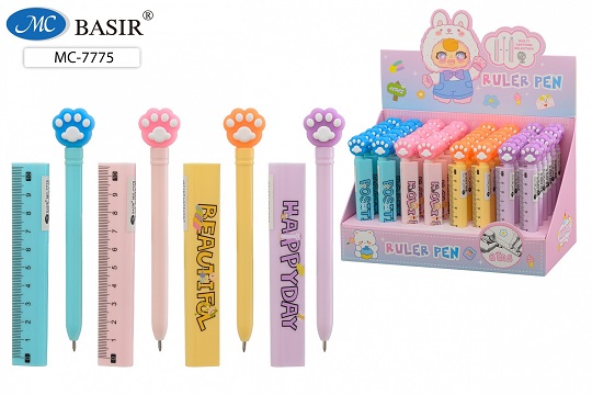 Ручка дет. "ЛАПКИ"; цветной корпус, объёмный колпачок в виде линейки -10 см /ассорти/ синяя 0,5мм МС-7775 1/48