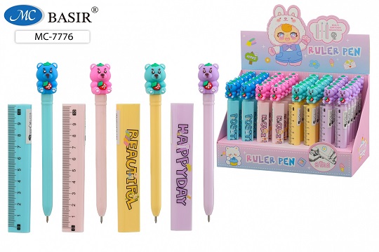 Ручка дет. "МИШКА"; цветной корпус, объёмный колпачок в виде линейки -10 см /ассорти/ синяя 0,5мм МС-7776 1/48