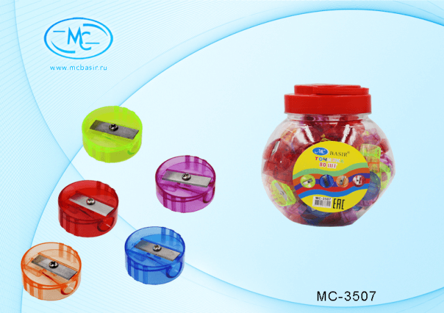 Точилка: одинарная, пластиковая /4 цвета/, в форме цилиндра, в прозрачной пластиковой упаковке,2,5 см.  МС-3507