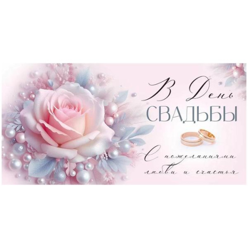 Конверт для денег Свадьба- В День Свадьбы! Роза, жемчуг, кольца, радужные блестки в лаке, текст  425-3,0001127