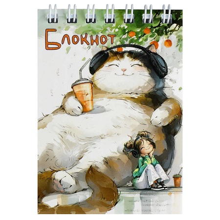 Блокнот А7 40л  гребень "ДРЕМЛЮЩИЙ КОТ" блестки лак клетка  72782   1/5