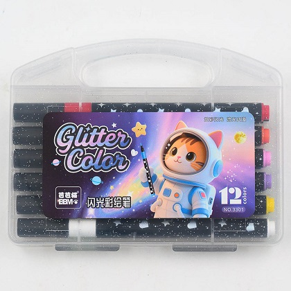 Фломастеры 12 цв ЖИВОТНЫЕ с глиттером кисть,пласт.упак. арт.3301-12