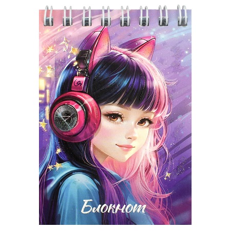 Блокнот А7 40л  гребень "ДЕВОЧКА В НАУШНИКАХ" клетка   70958   1/5