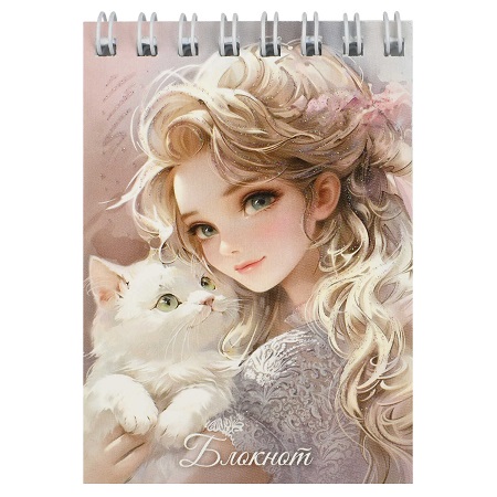 Блокнот А7 40л  гребень "БЛОНДИНКА С КОТОМ" клетка   70961   1/5