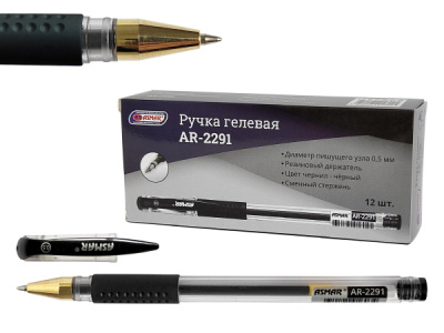 Ручка гелевая ЧЕРНАЯ с резин.держателем с золотым носиком  арт.AR-2291   1/12