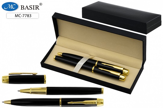 Ручка подарочн. в футляре шар. набор 2шт.( с поворотн. механизмом и  с колпачком), объёмный чёрный к. с элементами золота цв. чернил-синий МС-7783