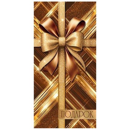 Конверт для денег Подарок, коричнево-золотой бант, блестки, рельеф  2-16-3074