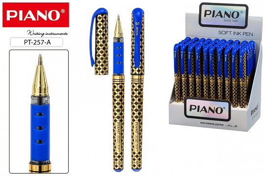 Ручка шар. PIANO пластик. корпус с золотым рисунком, наконечник и клип золотые," 0,5мм Синяя   PT-257A 1/50