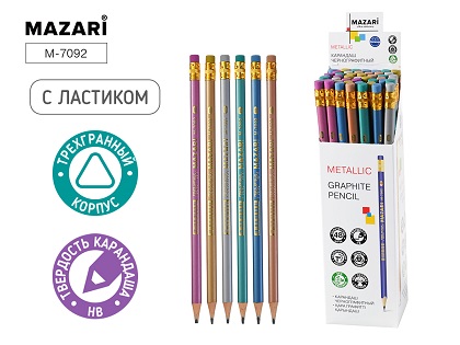 Карандаш ч/гр ТМ  METALLIC пластиков.  трехгран.к.  с ластиком М-7092   1/48