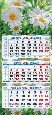 2027 г.Календарь кварт.  3-х. бл. "Ромашки"   с УФ-лаком   арт.КБ06-27