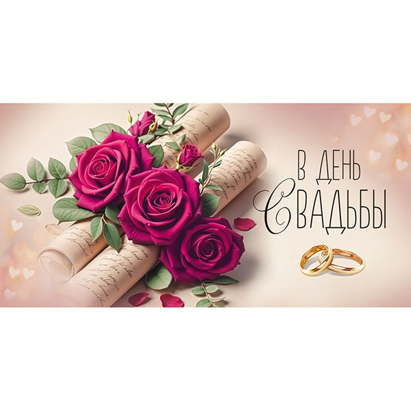 Конверт для денег В День Свадьбы! Красные розы, глянцевый УФ-лак, текст  410-3,0001948