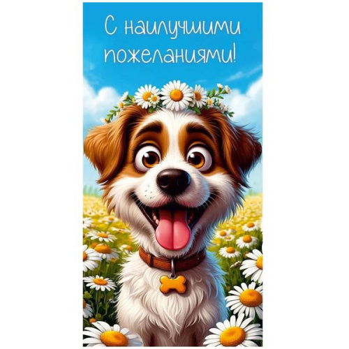 Конверт для денег С наилучшими пожеланиями, Песик в ромашковом поле, без отделки   ПП1-04-0662